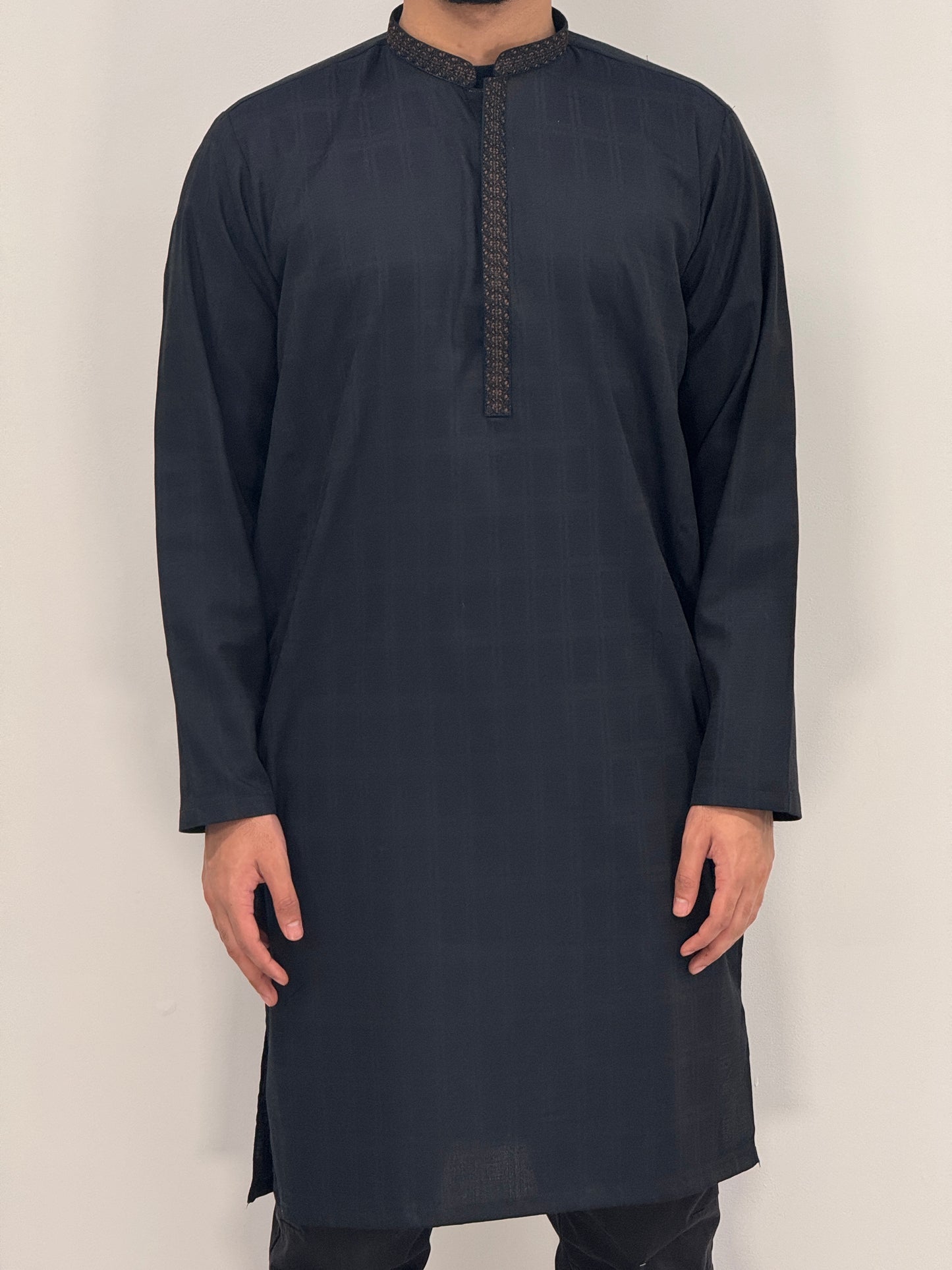 Boys Black Tint Kurta with Placket Embroidery