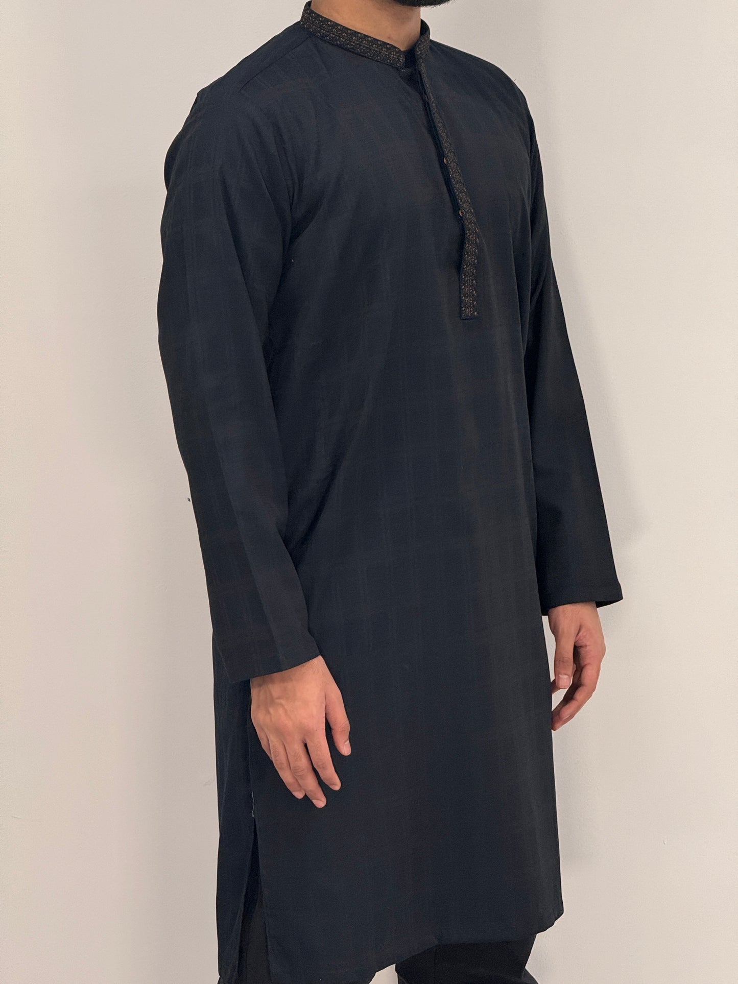 Boys Black Tint Kurta with Placket Embroidery