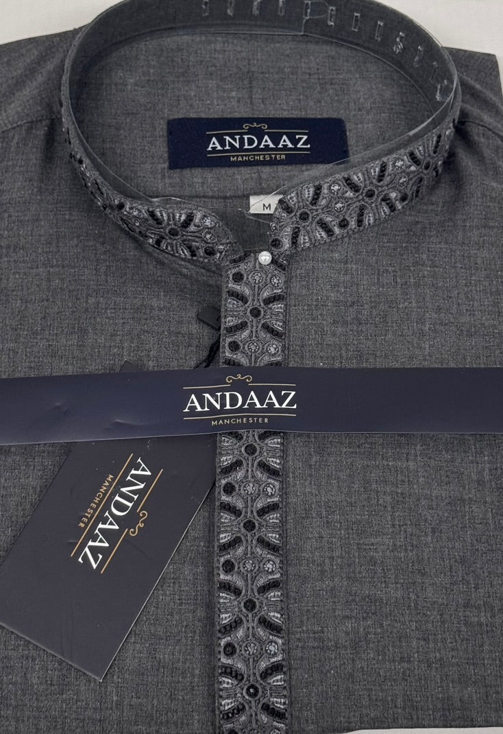 Men's Shalwar Kameez Grey Placket Embroidery