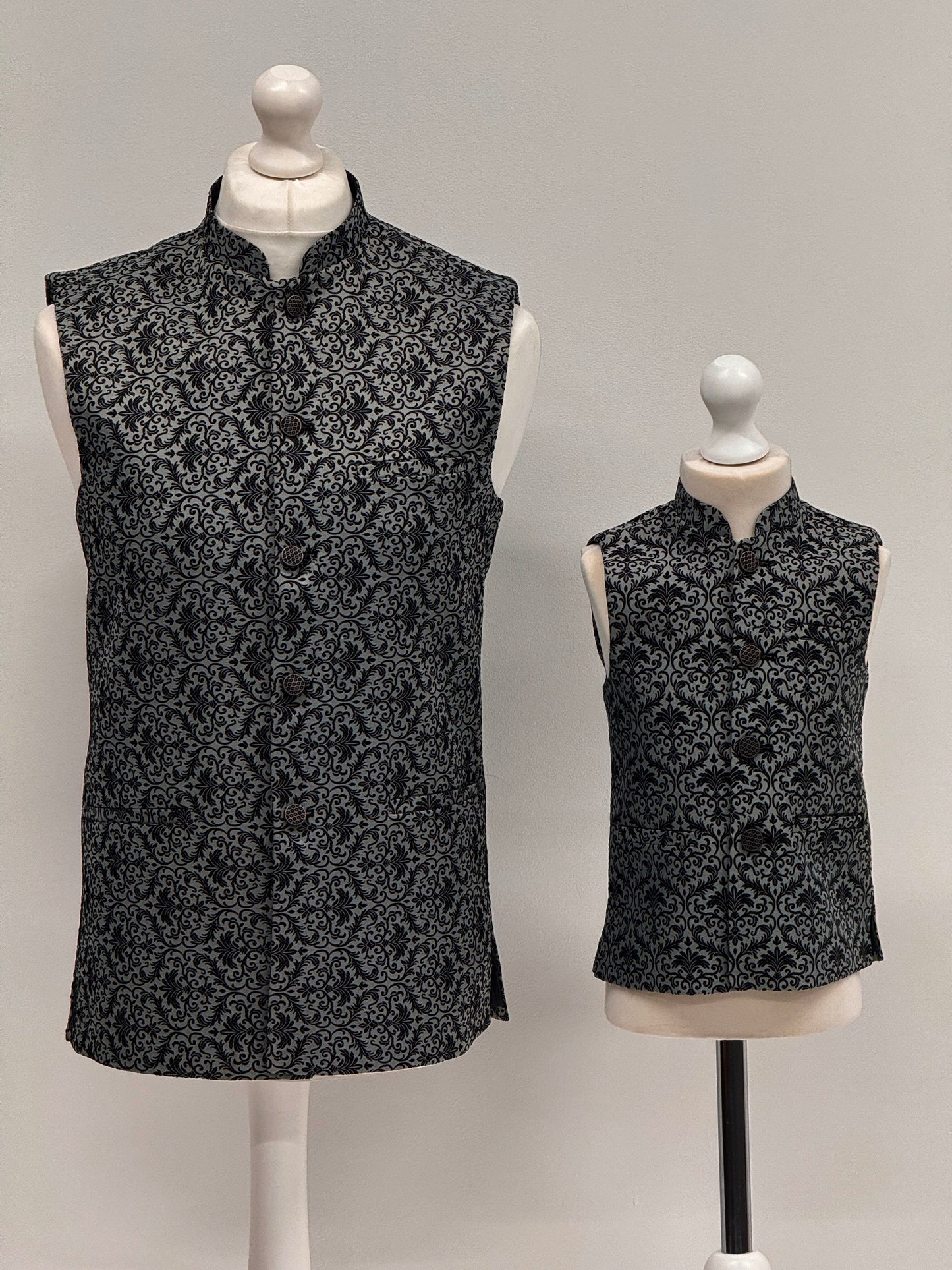 Boys Banarsi Dark Grey Black Waistcoat