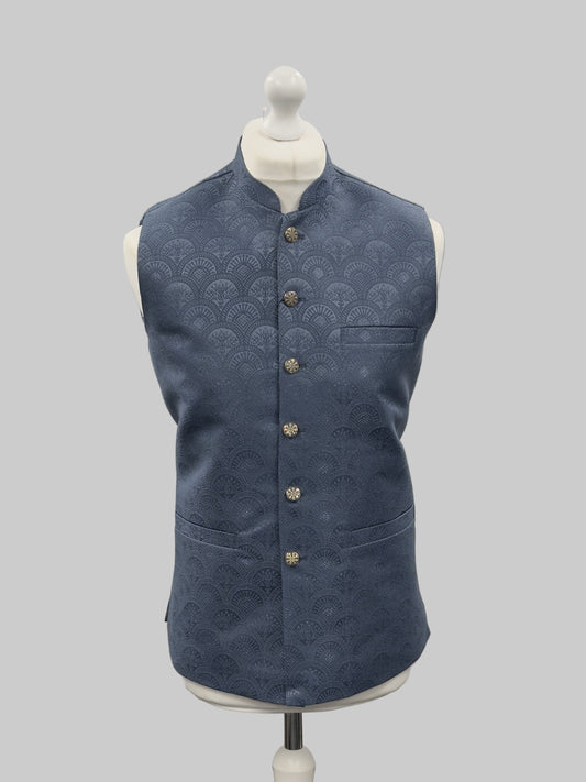 Antique Blue Fan Design Jamawar Waistcoat