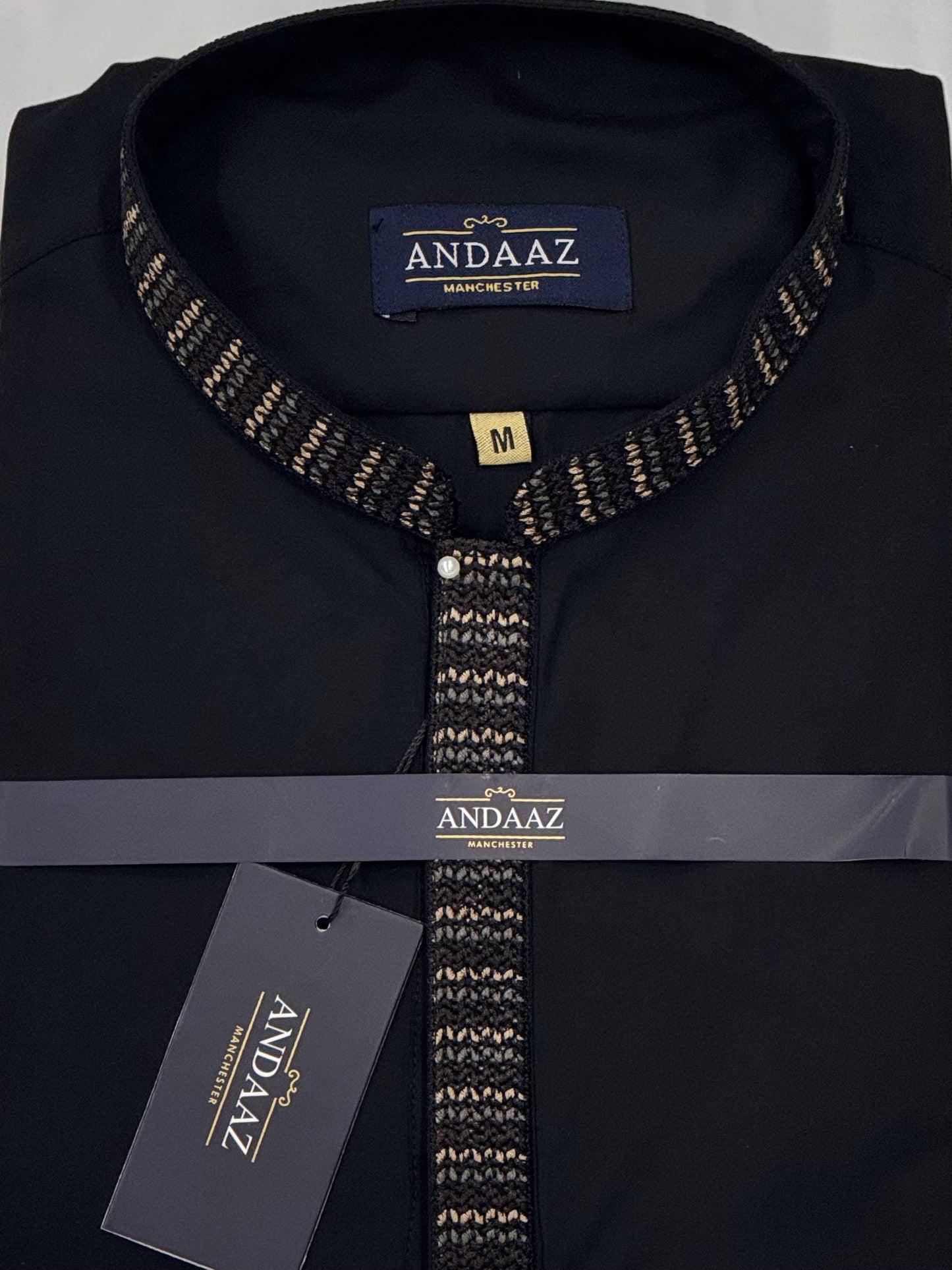 Men's Shalwar Kameez Black with Zig Zag Placket Embroidery