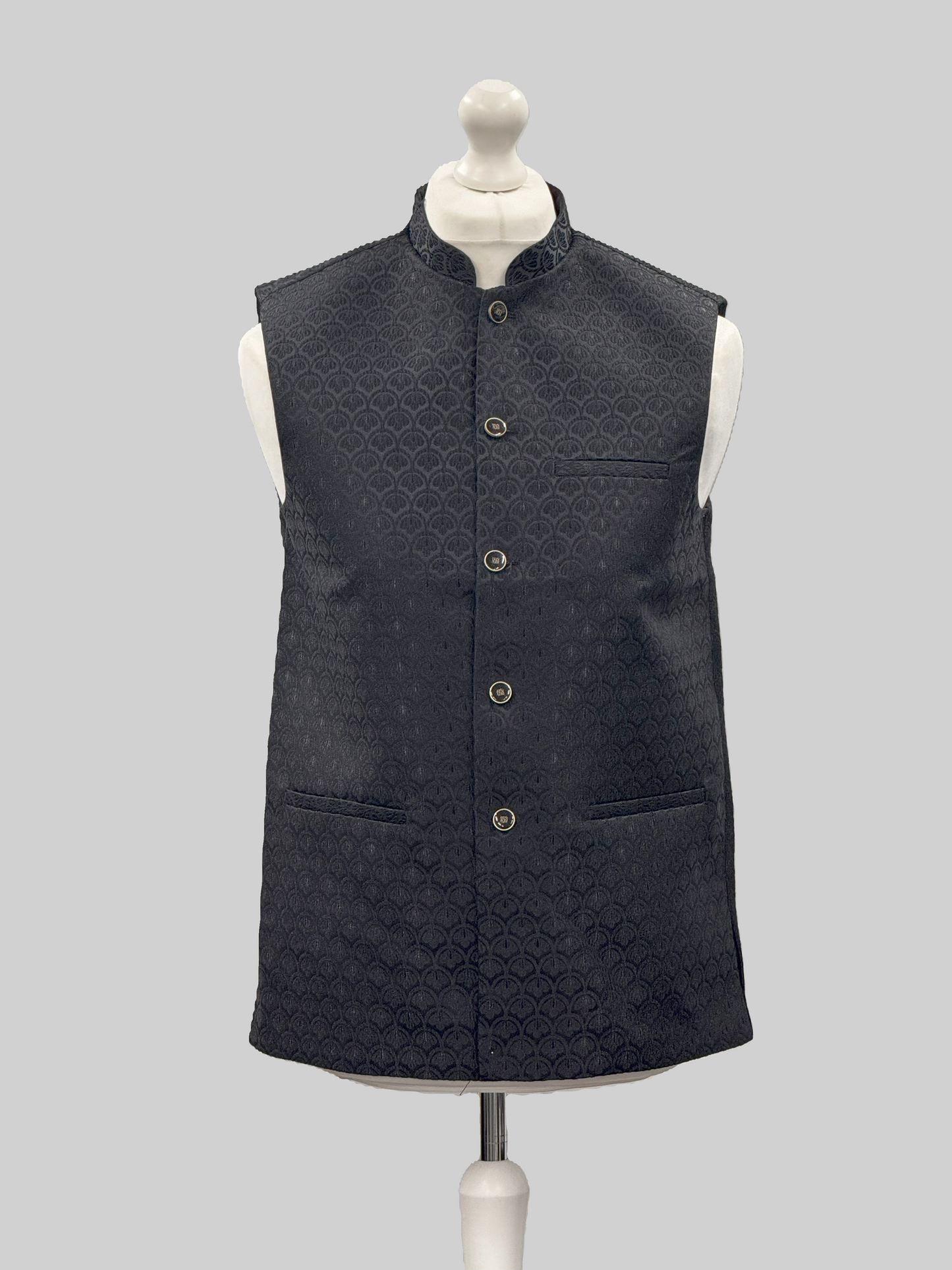 Men's Shell Design Black Jamawar Waistcoat