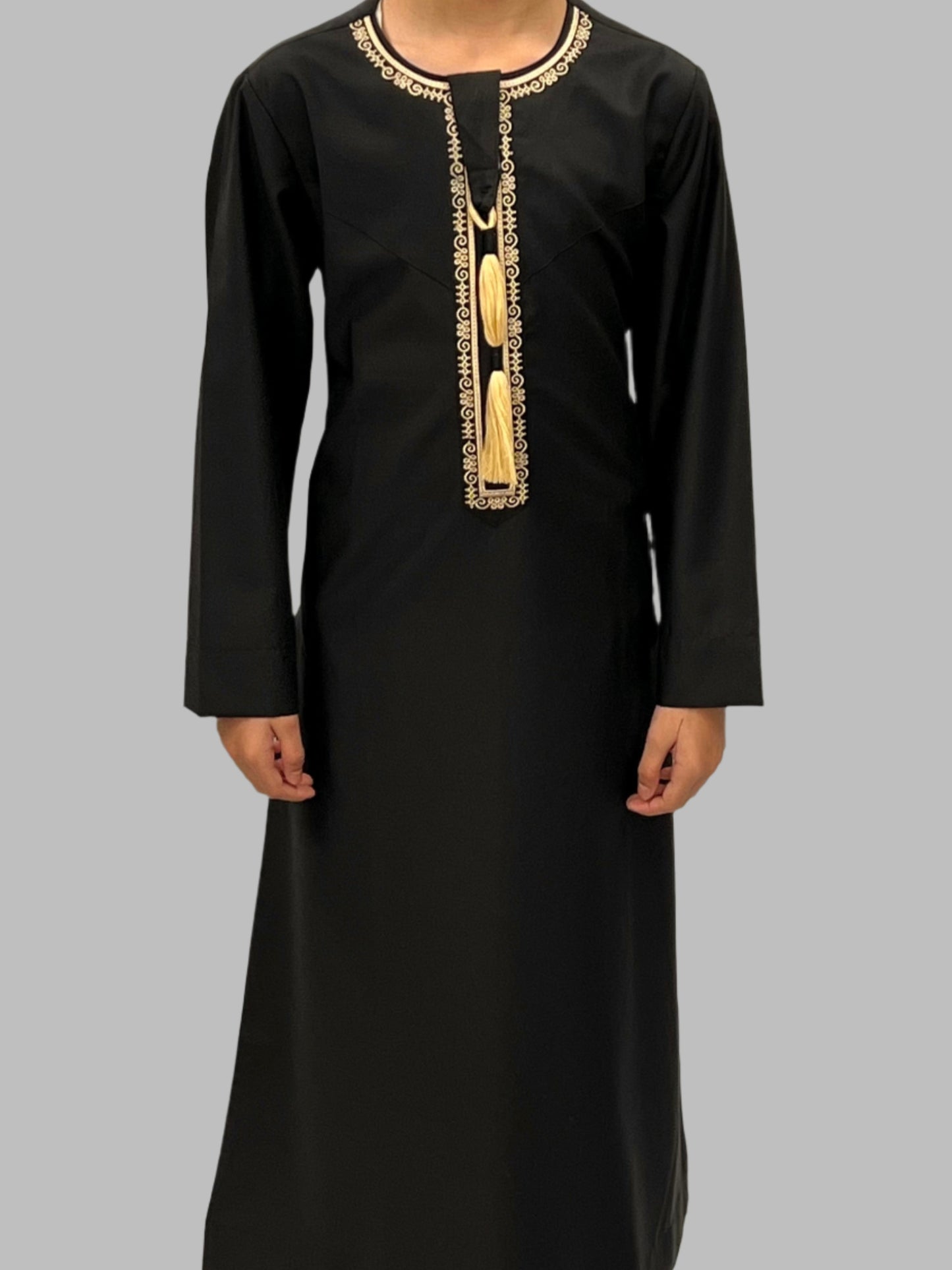 Boys Black Premium Embroidery Thobe Front View
