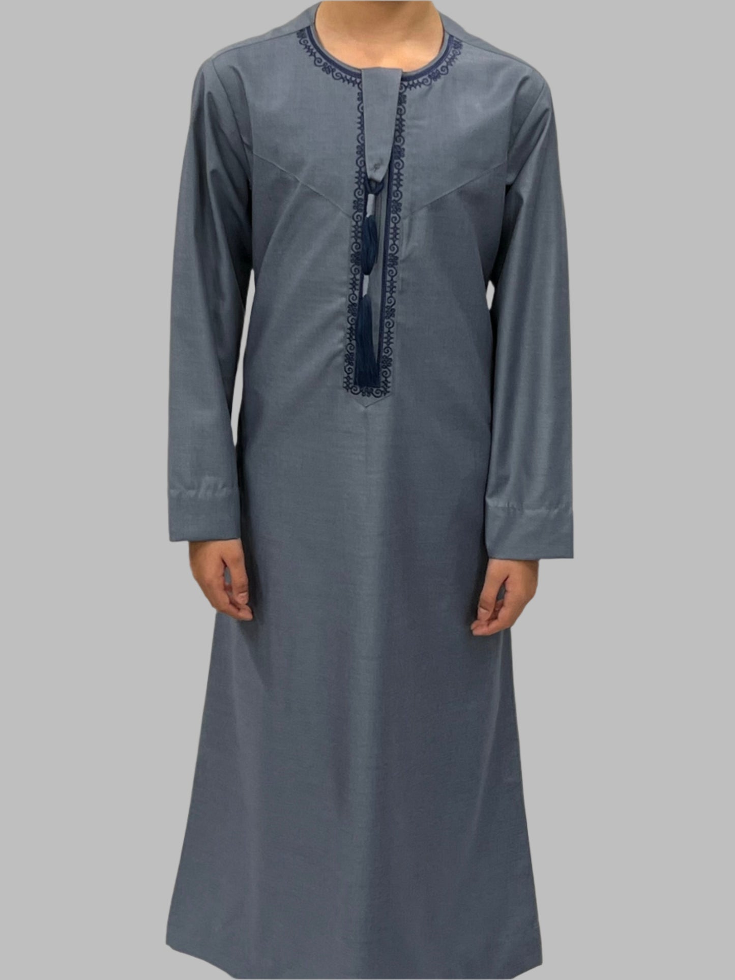 Denim Premium Embroidery Thobe Front View