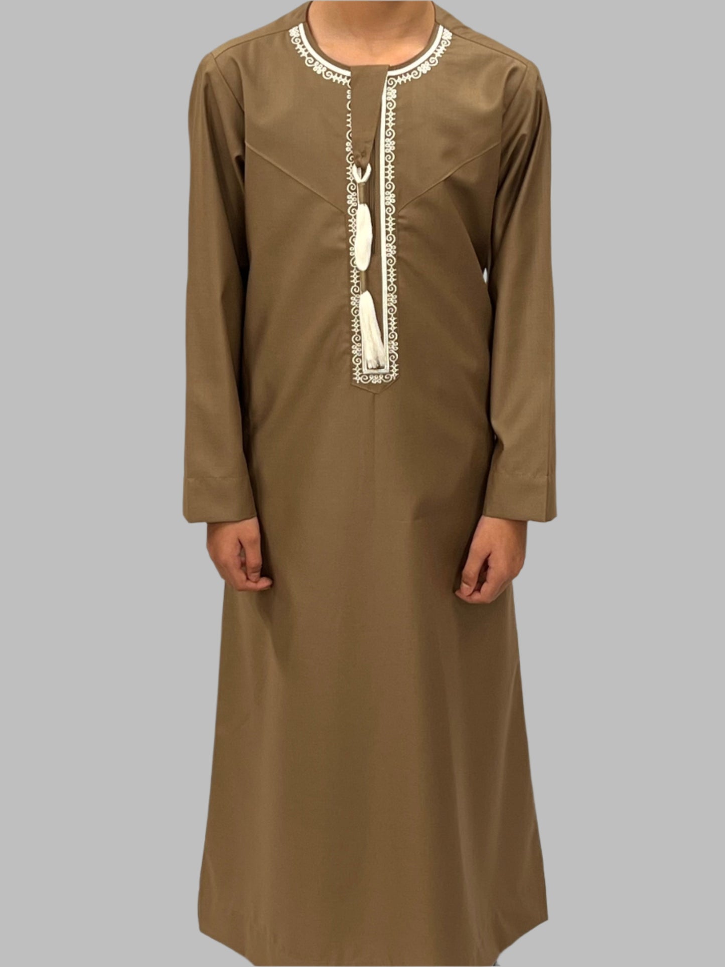 Boys Mocha Premium Embroidery Thobe Front View