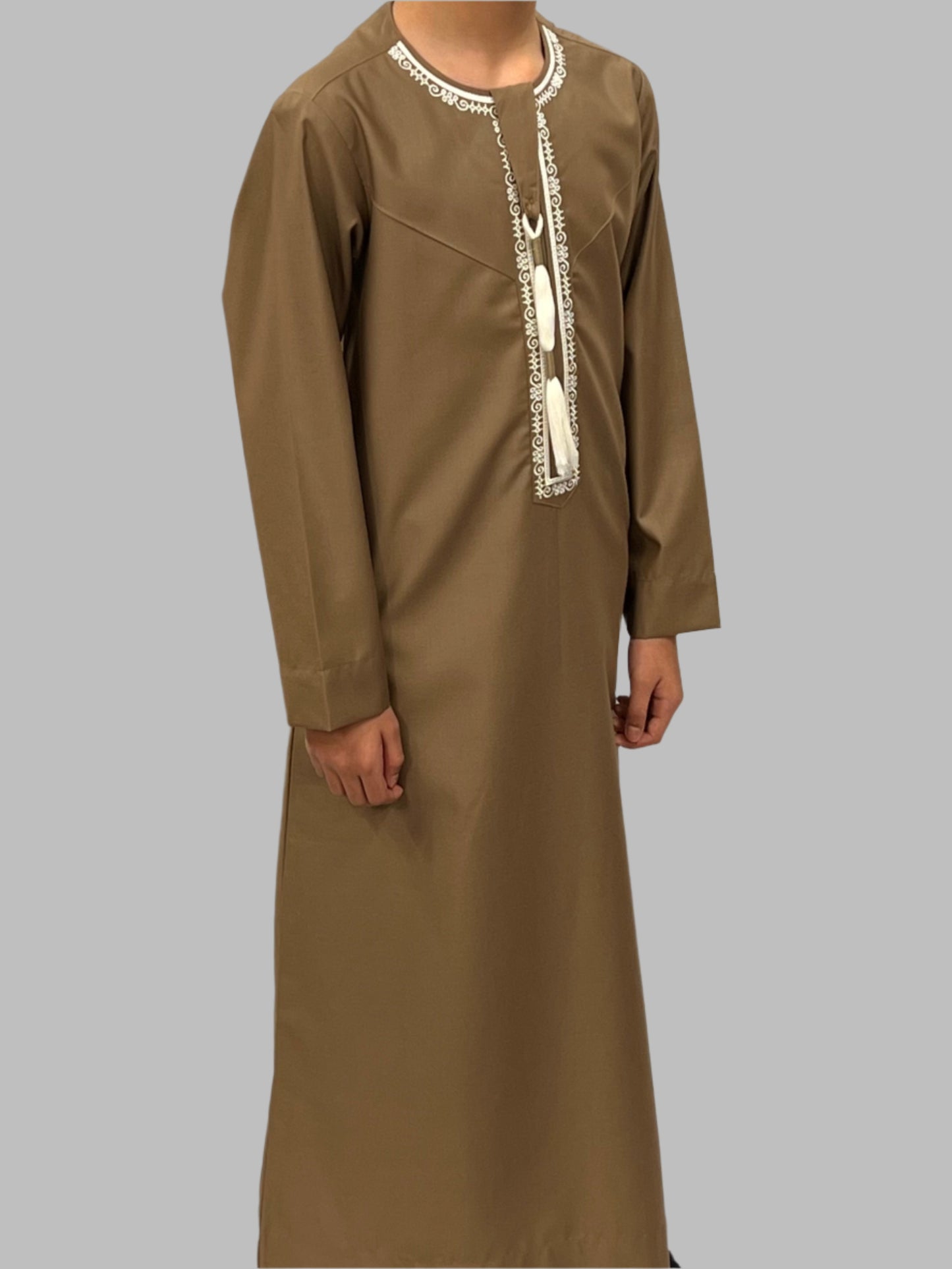 Boys Mocha Premium Embroidery Thobe Side View