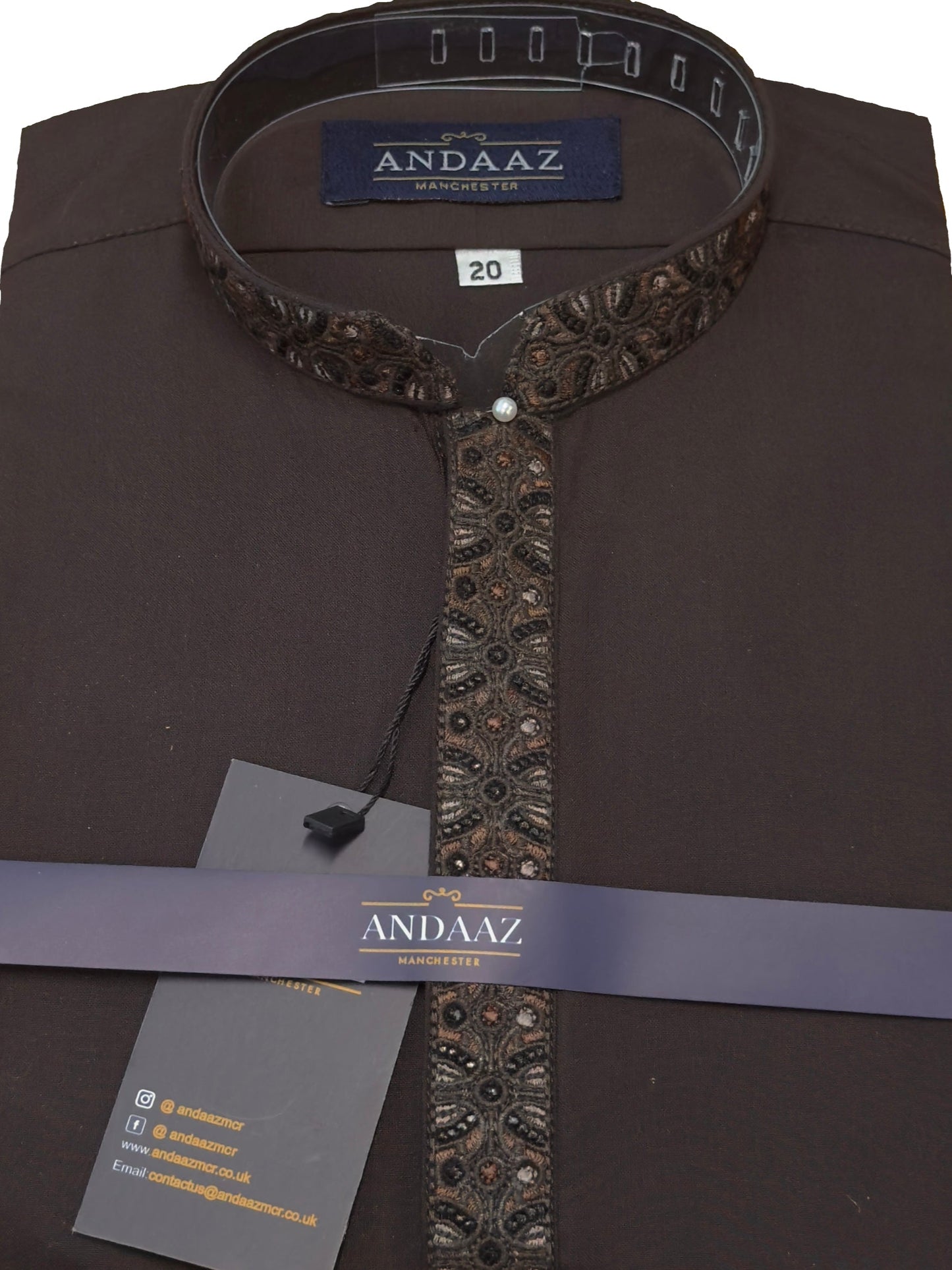 Boys Shalwar Kameez Dark Brown Placket Embroidery