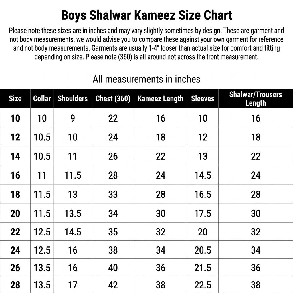 Boys Shalwar Kameez Size Chart
