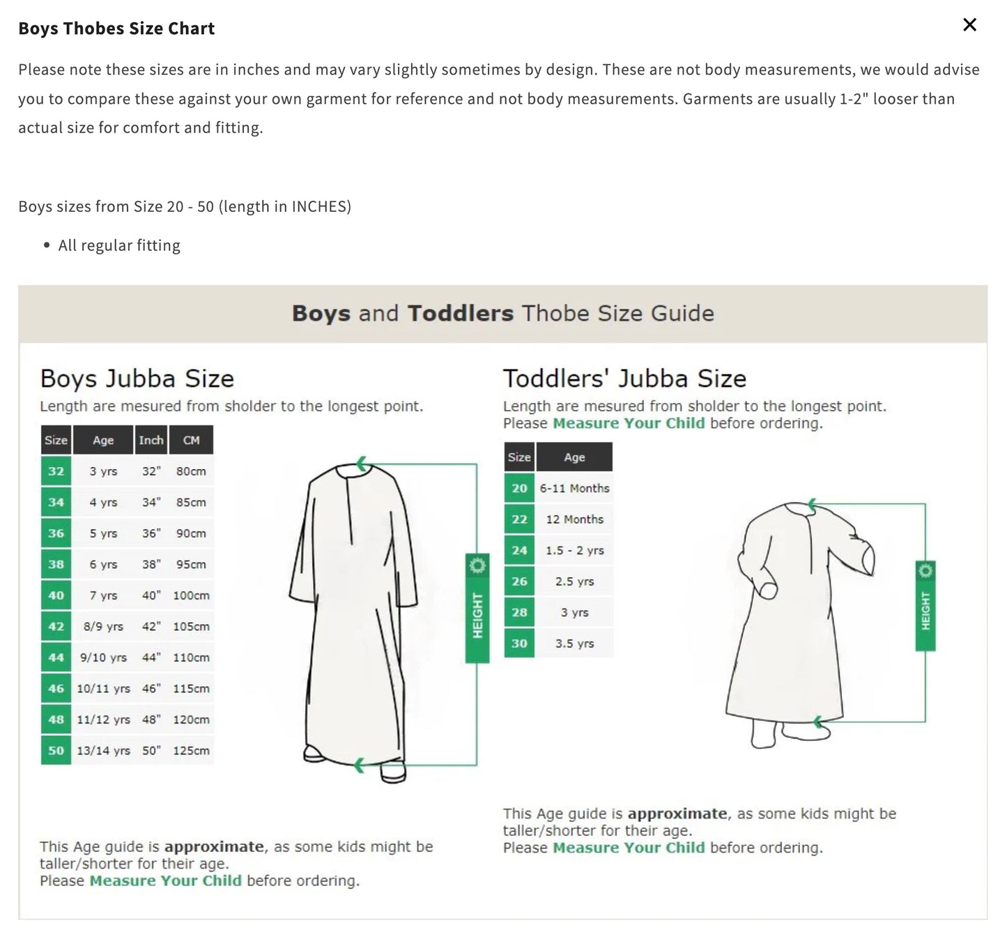 Boys Thobes Jubba Size Chart