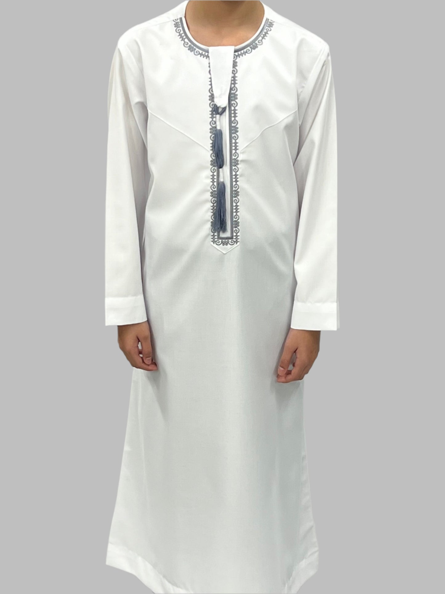 Boys White Premium Embroidery Thobe Front View
