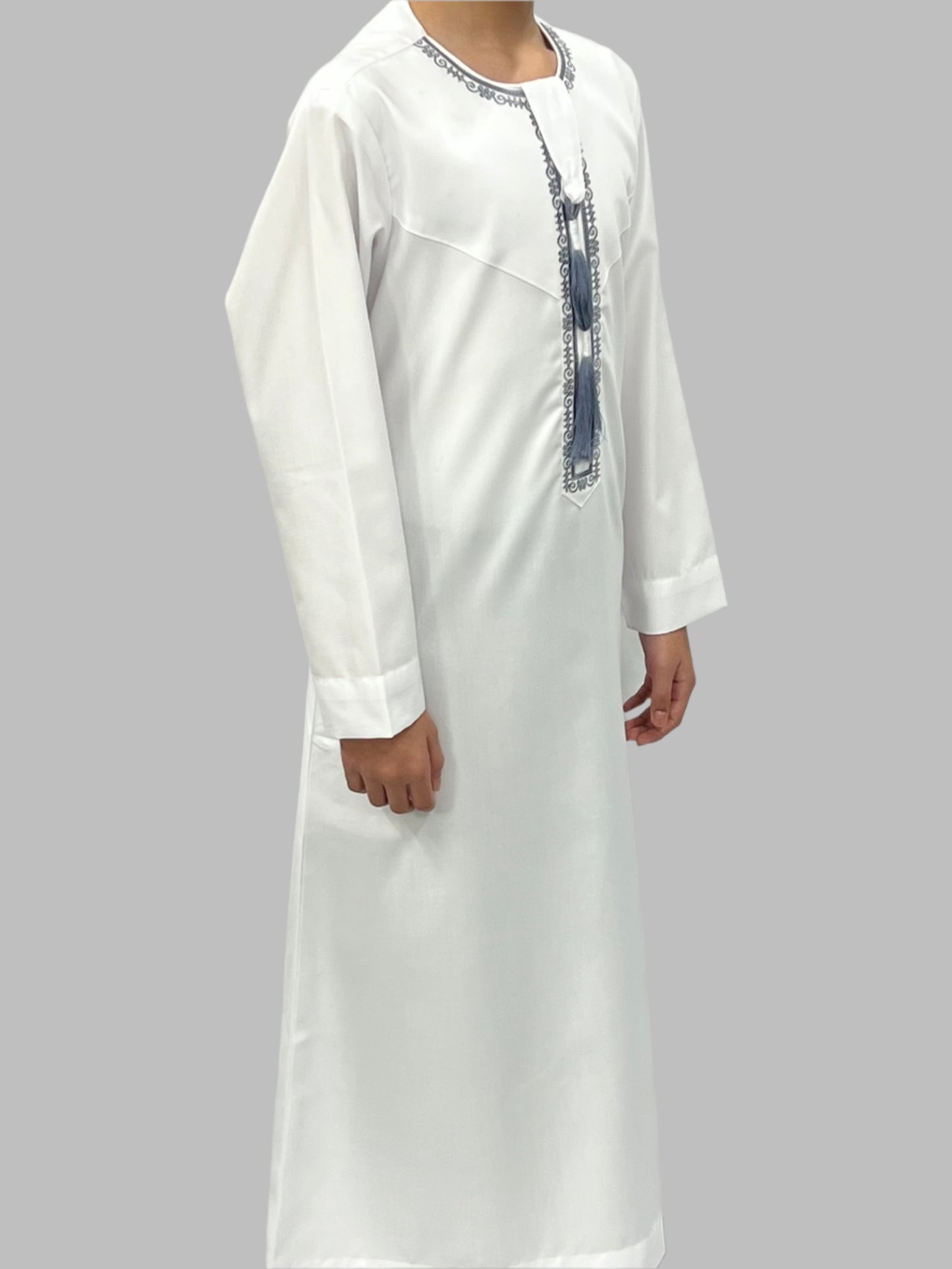 Boys White Premium Embroidery Thobe Side View
