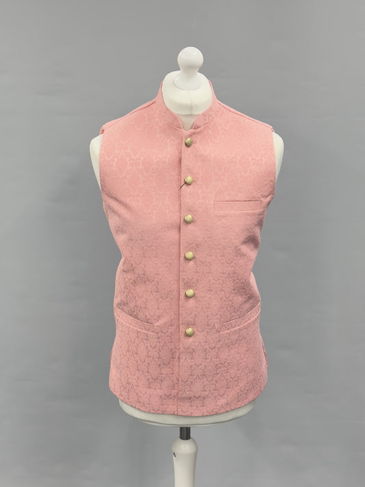 Men's Candy Pink Diamond Design Jamawar Waistcoat