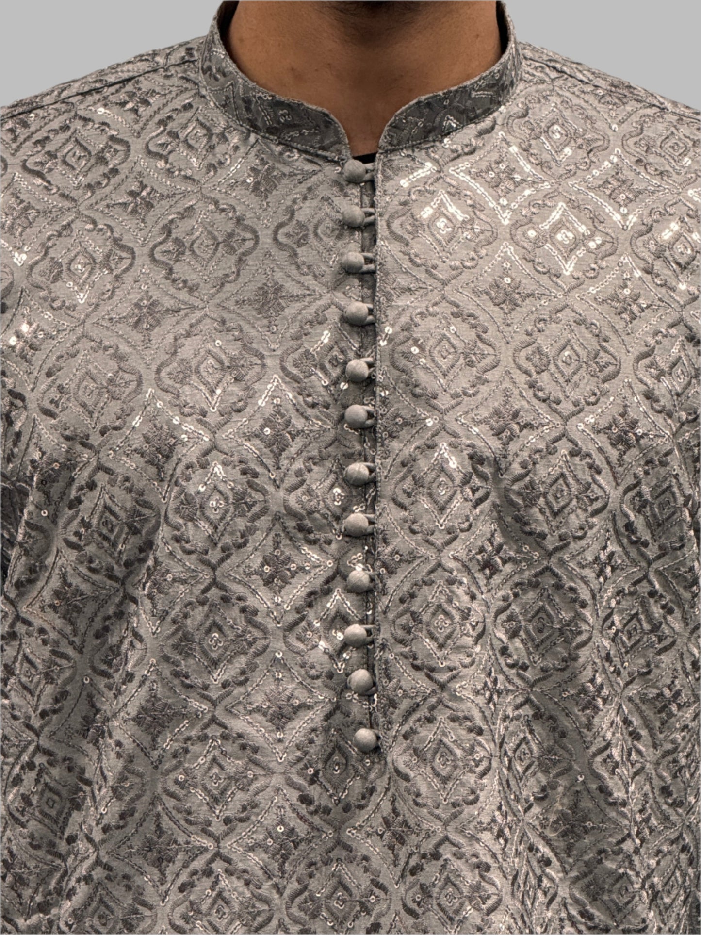 Grey Sequin Embroidery Close Up