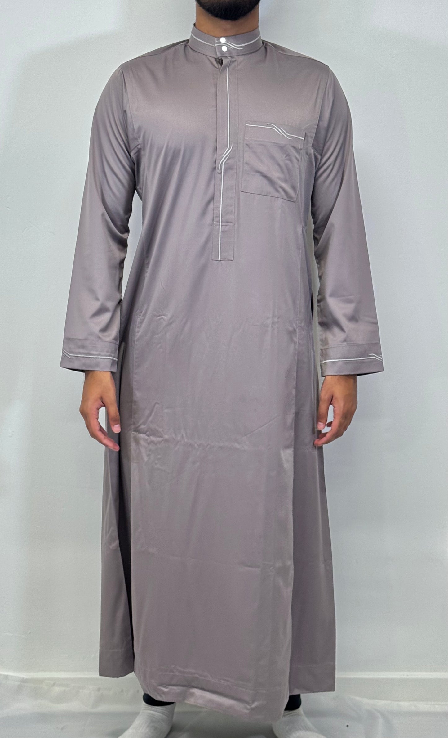 Men's Embroidery Collar Thobe - Grey