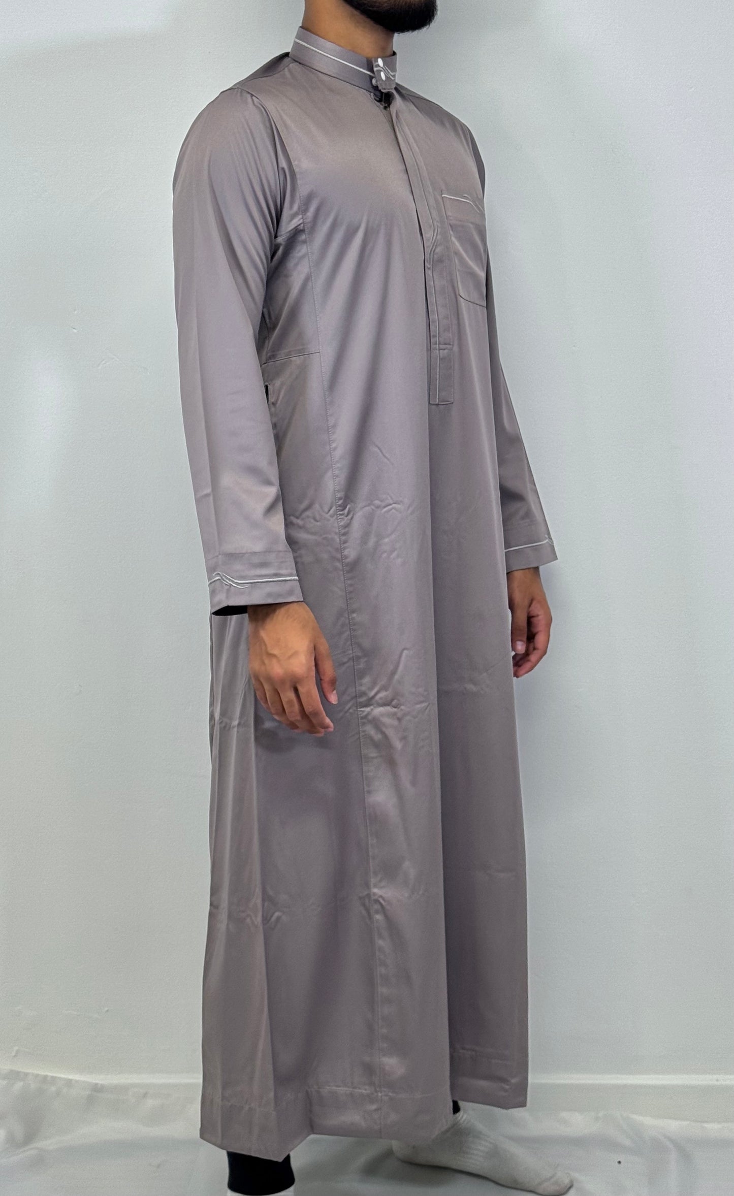 Men's Embroidery Collar Thobe - Grey