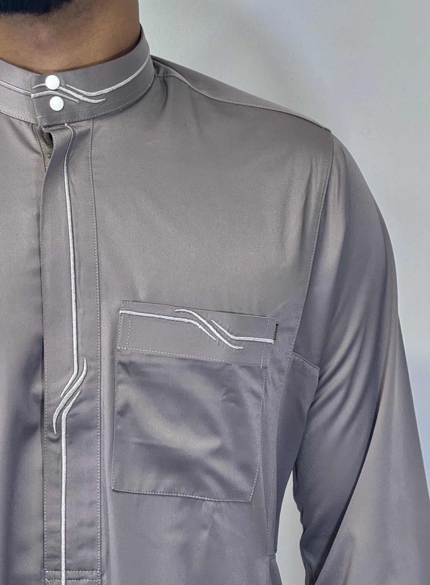 Men's Embroidery Collar Thobe - Grey
