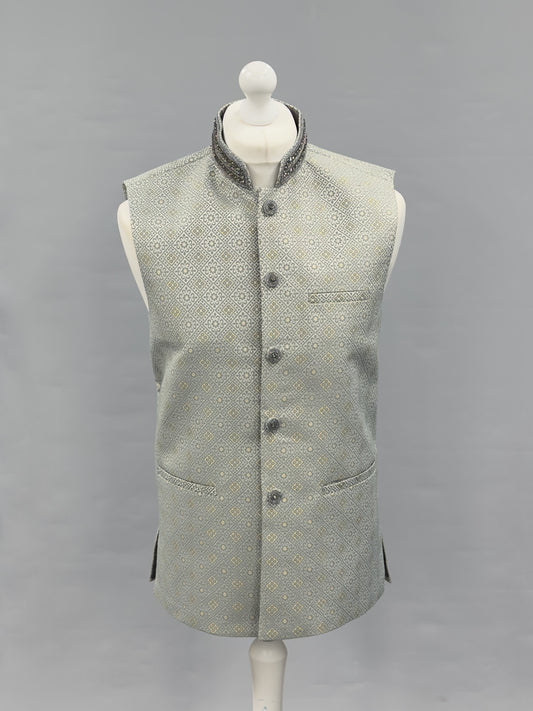 Light Grey Gold Fancy Beadwork Banarsi Waistcoat