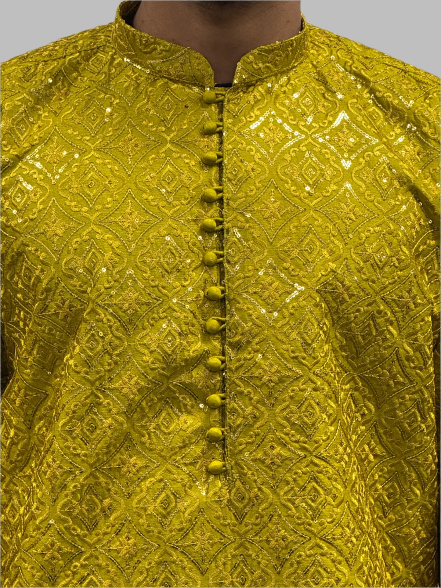 Light Mehndi Green Sequin Embroidery Close Up