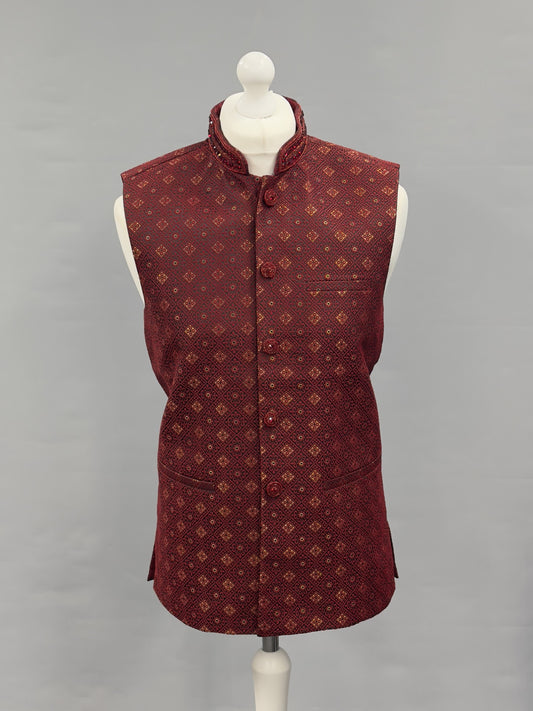 Maroon Gold Fancy Beadwork Banarsi Waistcoat