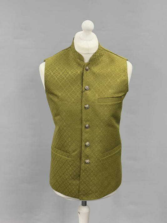 Mehndi Green Small Fan Design Jamawar Waistcoat