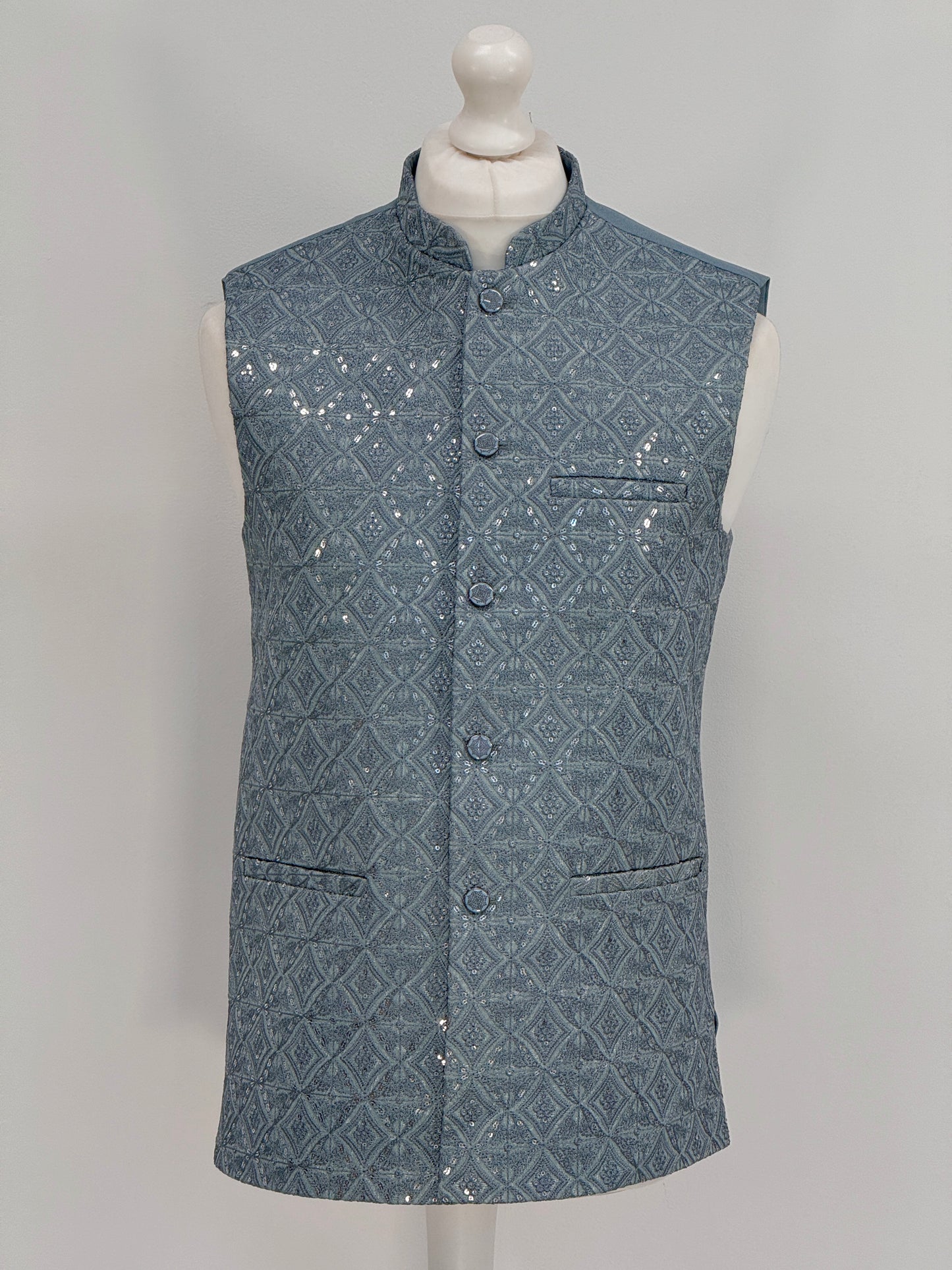 Men's Light Teal Sequin Diamond Jamawar Waistcoat