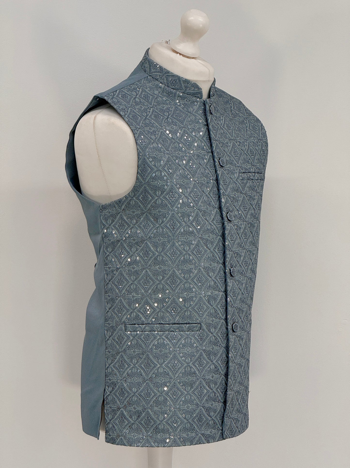 Men's Light Teal Sequin Diamond Jamawar Waistcoat