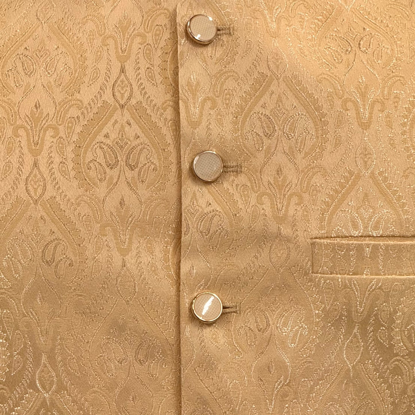 Men's Beige Gold Royal Design Jamawar Waistcoat Close Up