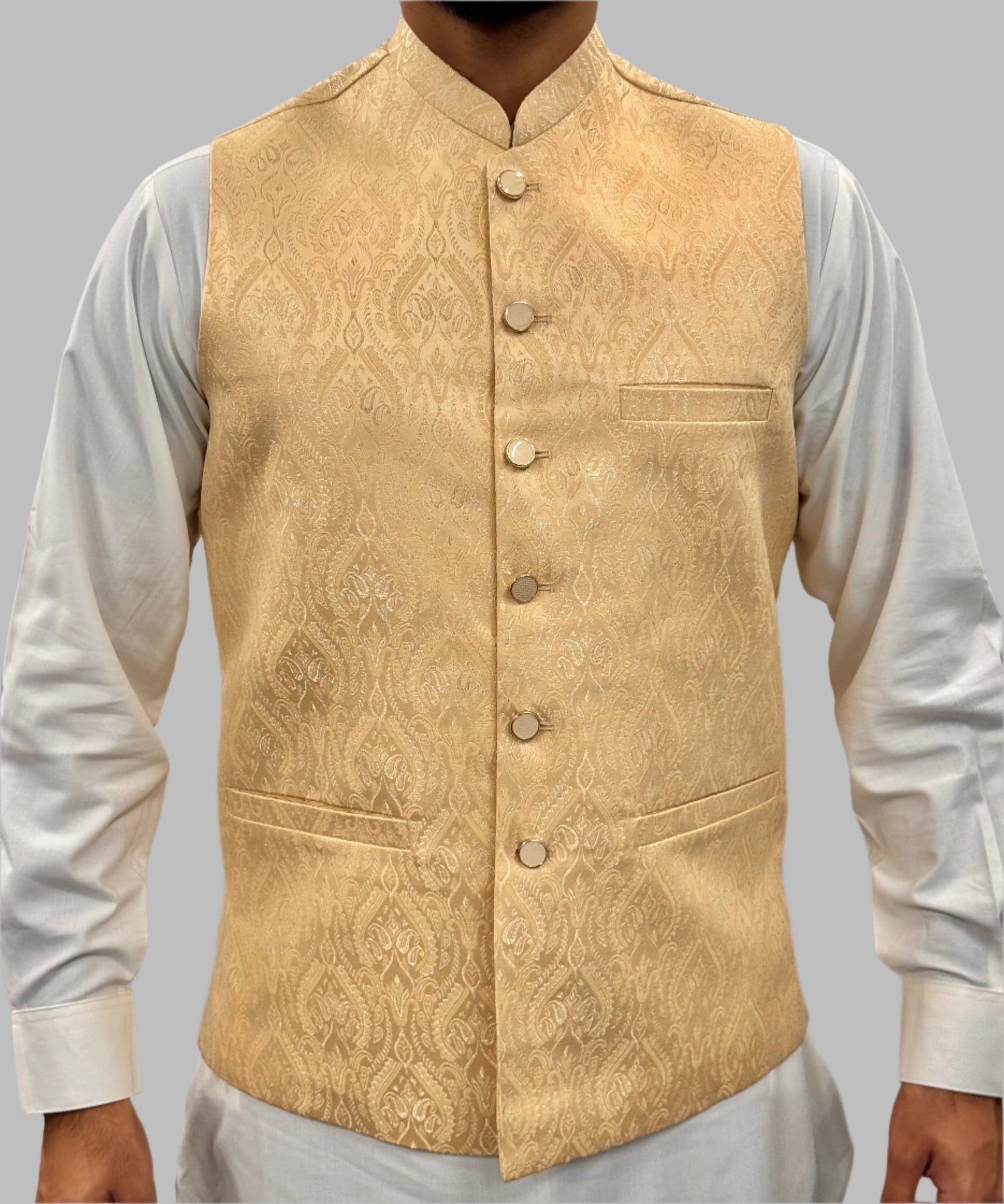 Men's Beige Gold Royal Design Jamawar Waistcoat Front View