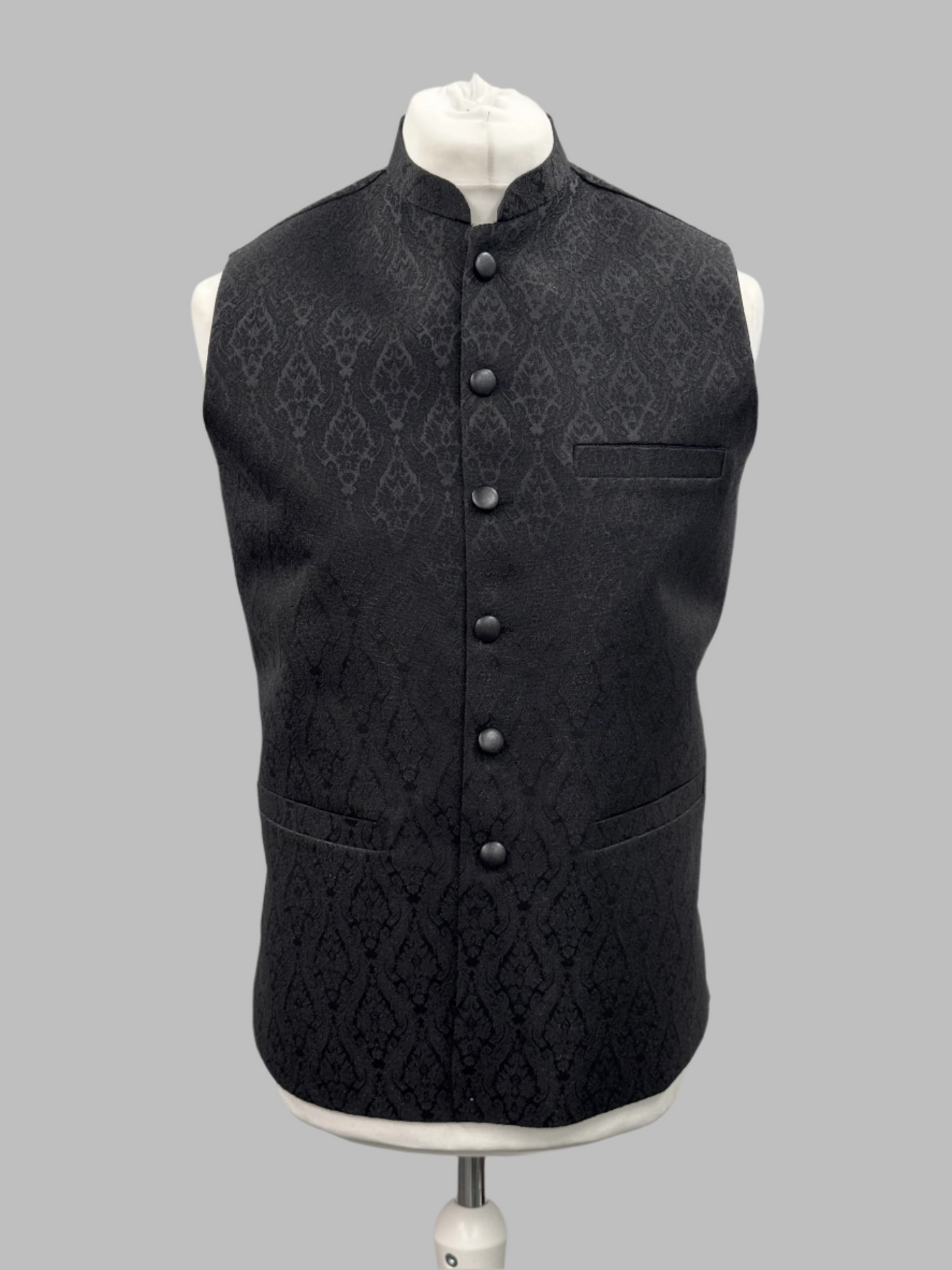 Men's Black Diamond 1 Design Jamawar Waistcoat Front View