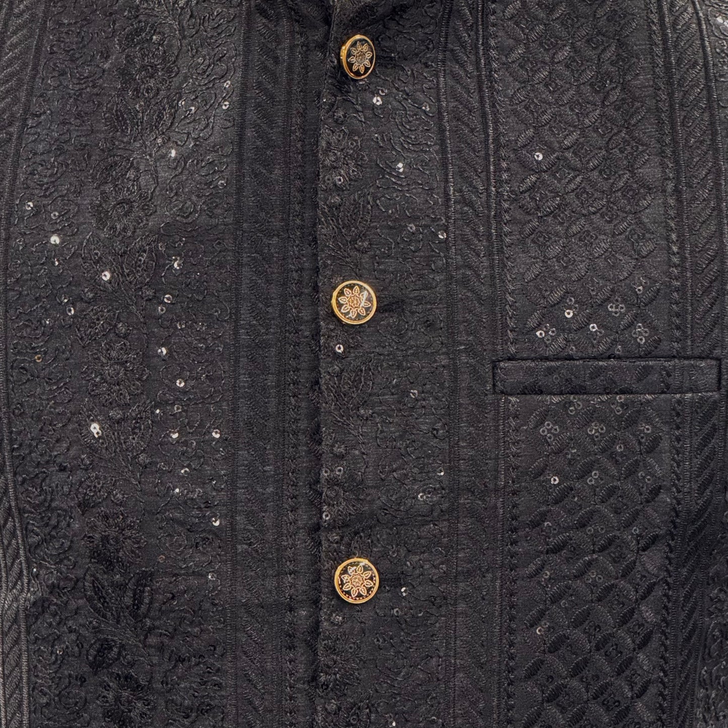 Men's Black Sequin Cross-Stitch Premium Waistcoat Close Up