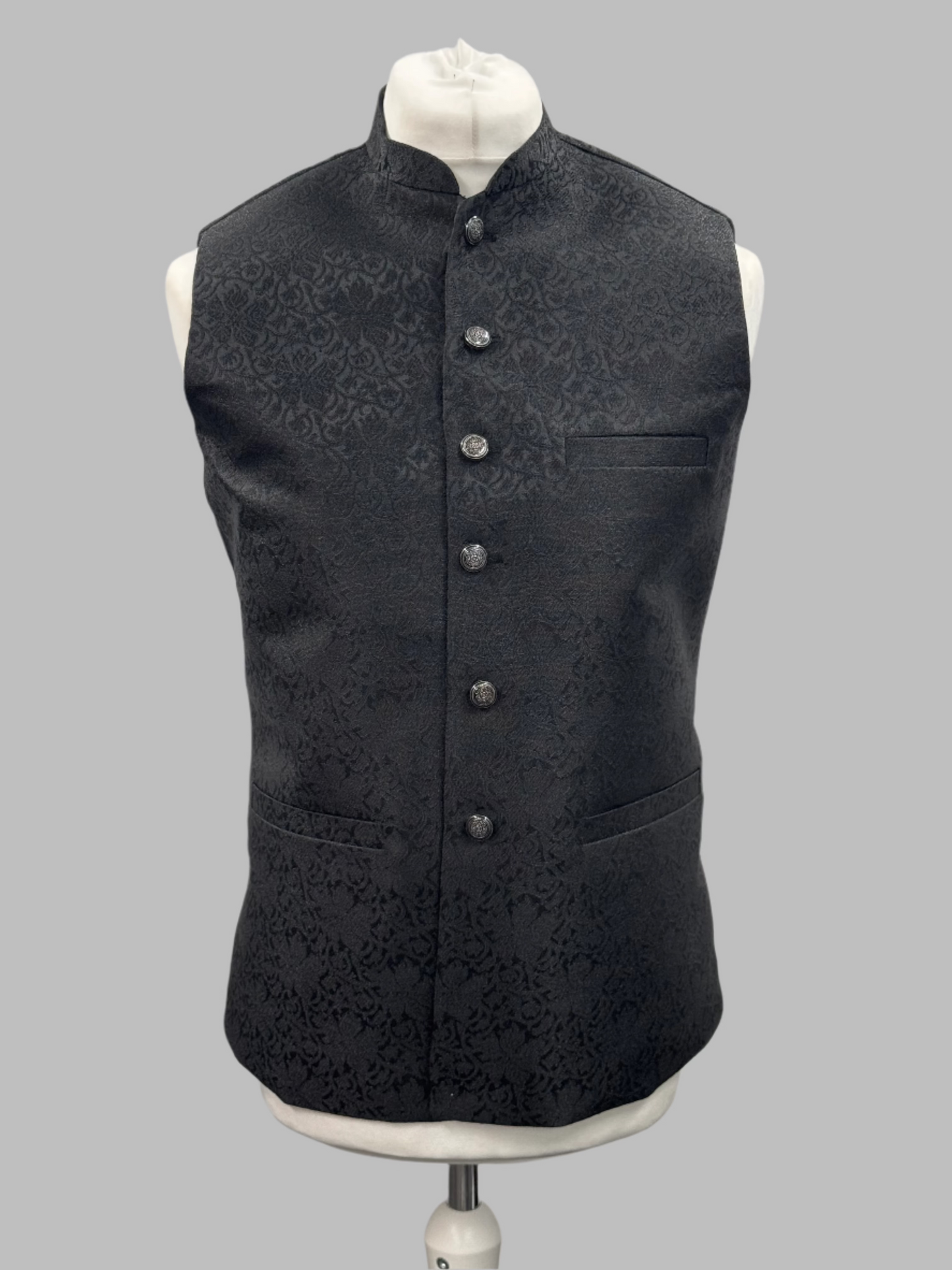 Men's Black Vine Design Jamawar Waistcoat Front View