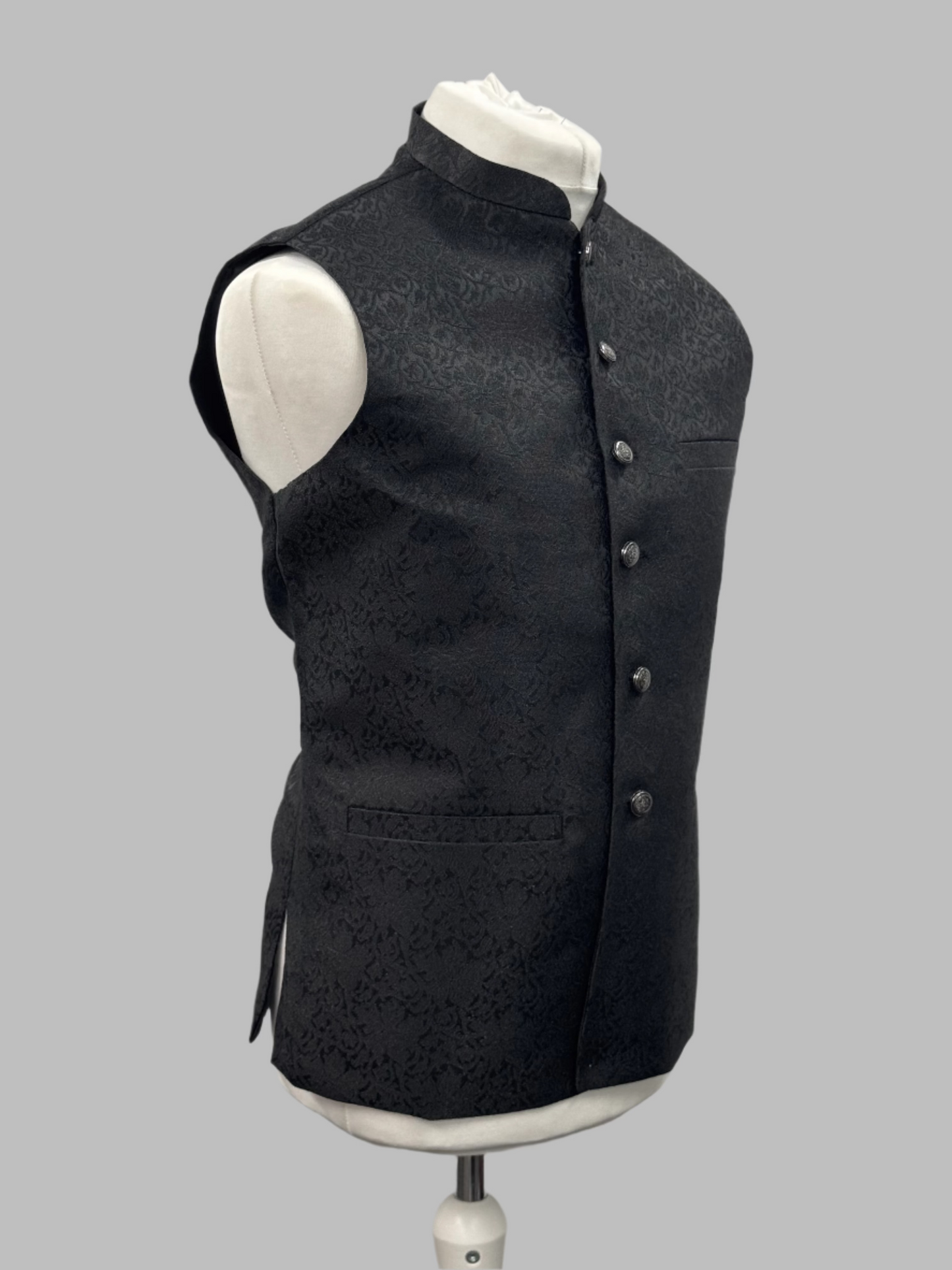 Men's Black Vine Design Jamawar Waistcoat Side View