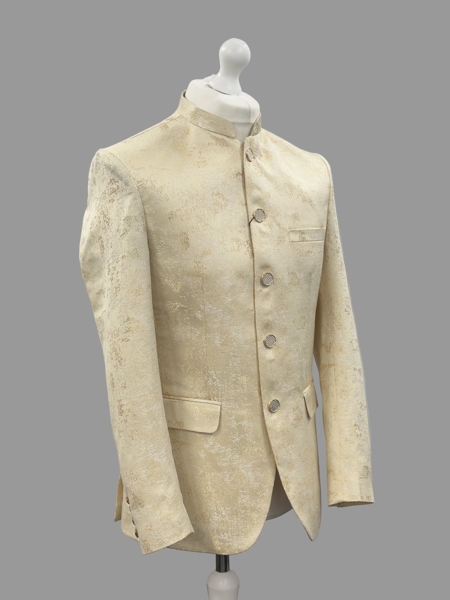 Men's Cream Gold Jamawar Prince Coat Jacket Side