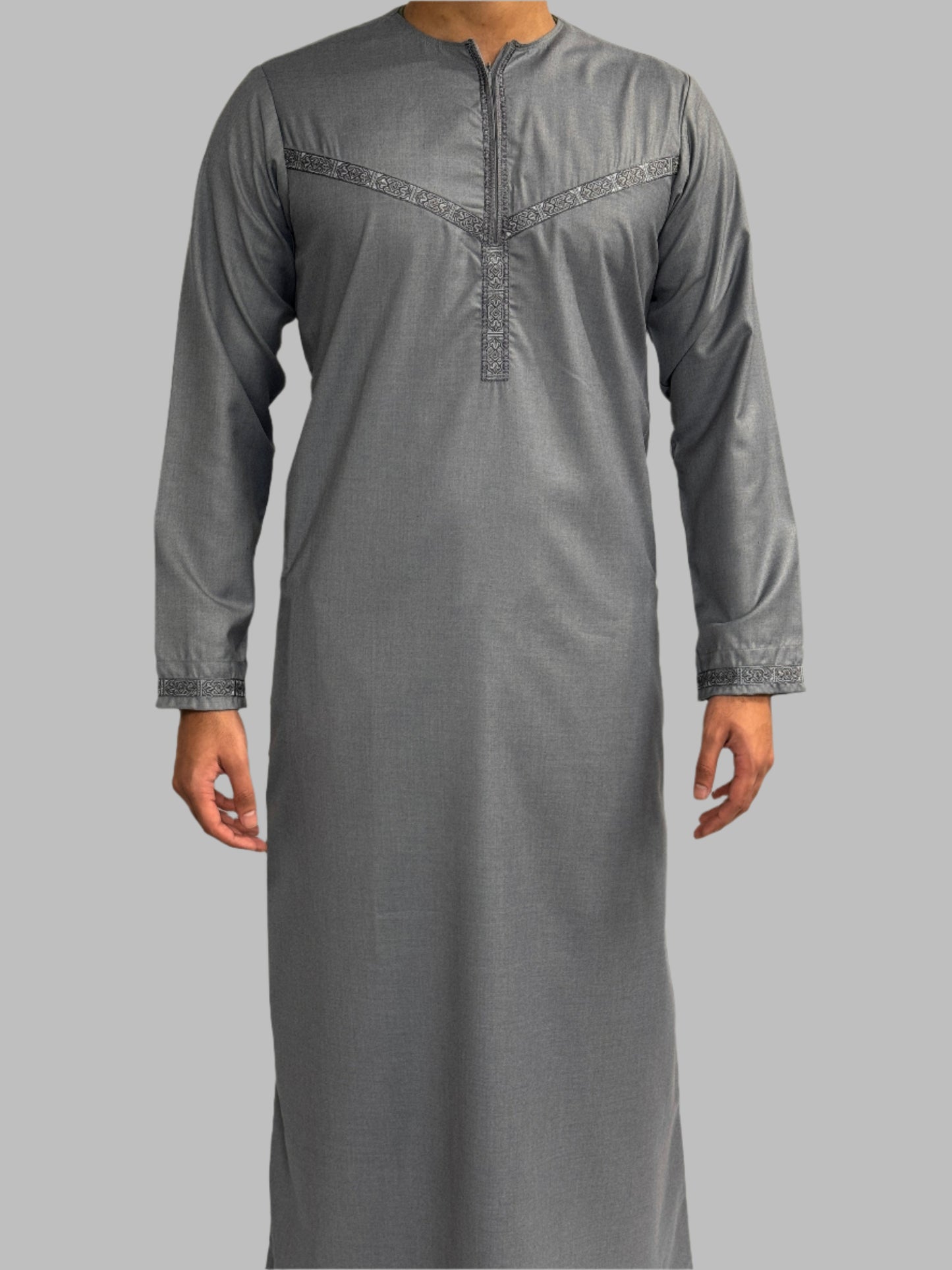 Men's Embroidery Zain Thobe Grey Front View