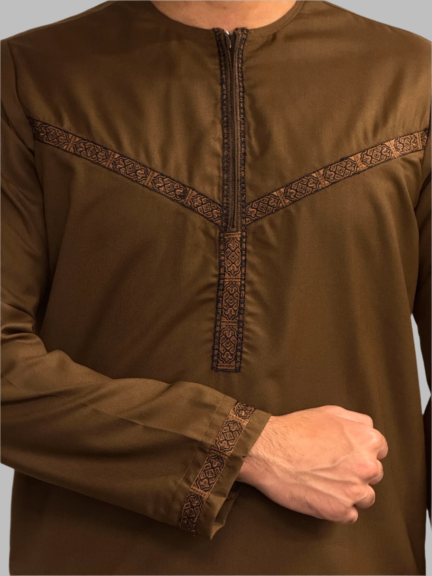 Men's Embroidery Zain Thobe Winter Material Brown Close Up