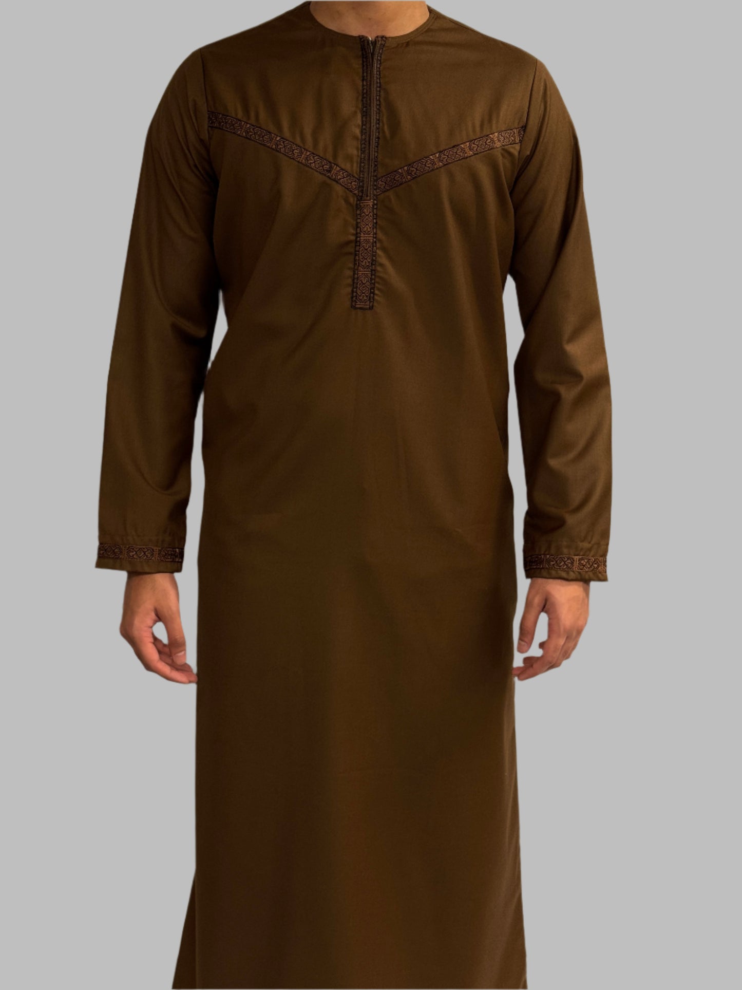 Men's Embroidery Zain Thobe Winter Material Brown Front View