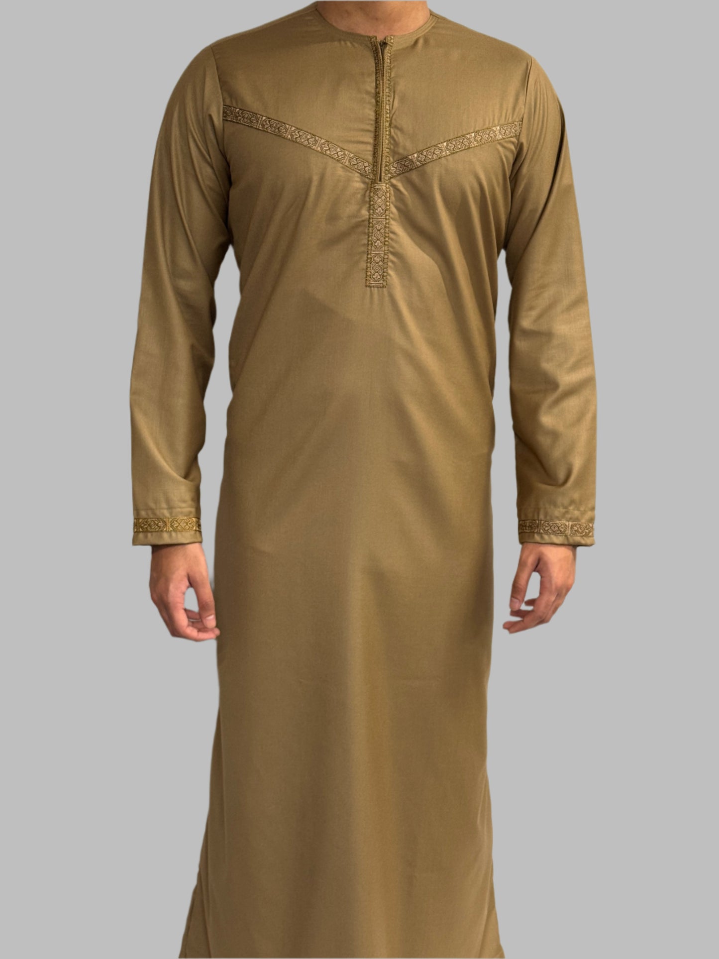 Men's Embroidery Zain Thobe Winter Material Camel Front View