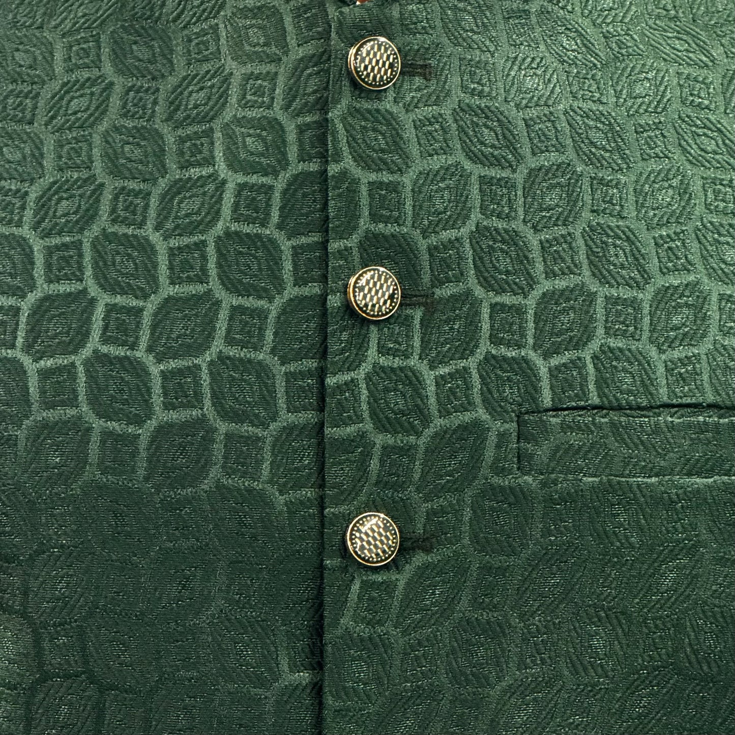 Men's Green Patch Design Jamawar Waistcoat Close Up