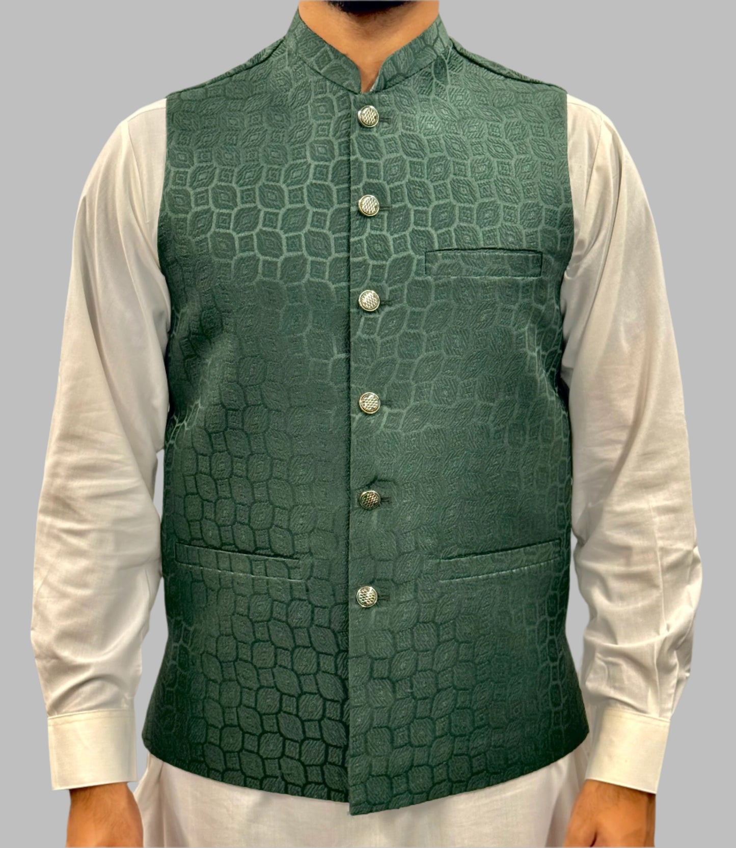 Men's Green Patch Design Jamawar Waistcoat Front View