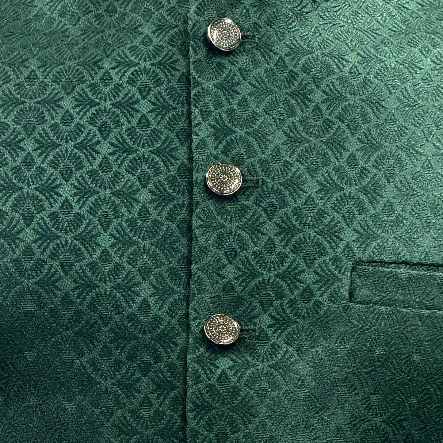 Men's Green Small Fan Design Jamawar Waistcoat Close Up