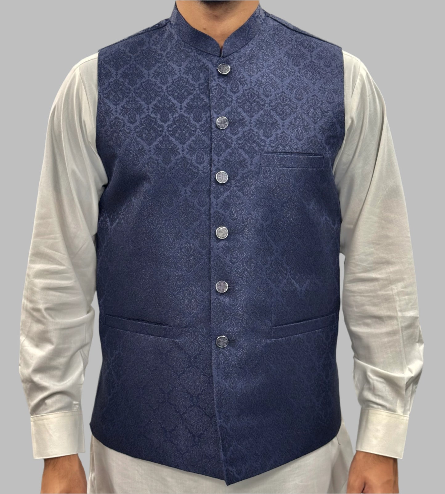 Men's Navy Diamond 2 Design Jamawar Waistcoat Front View