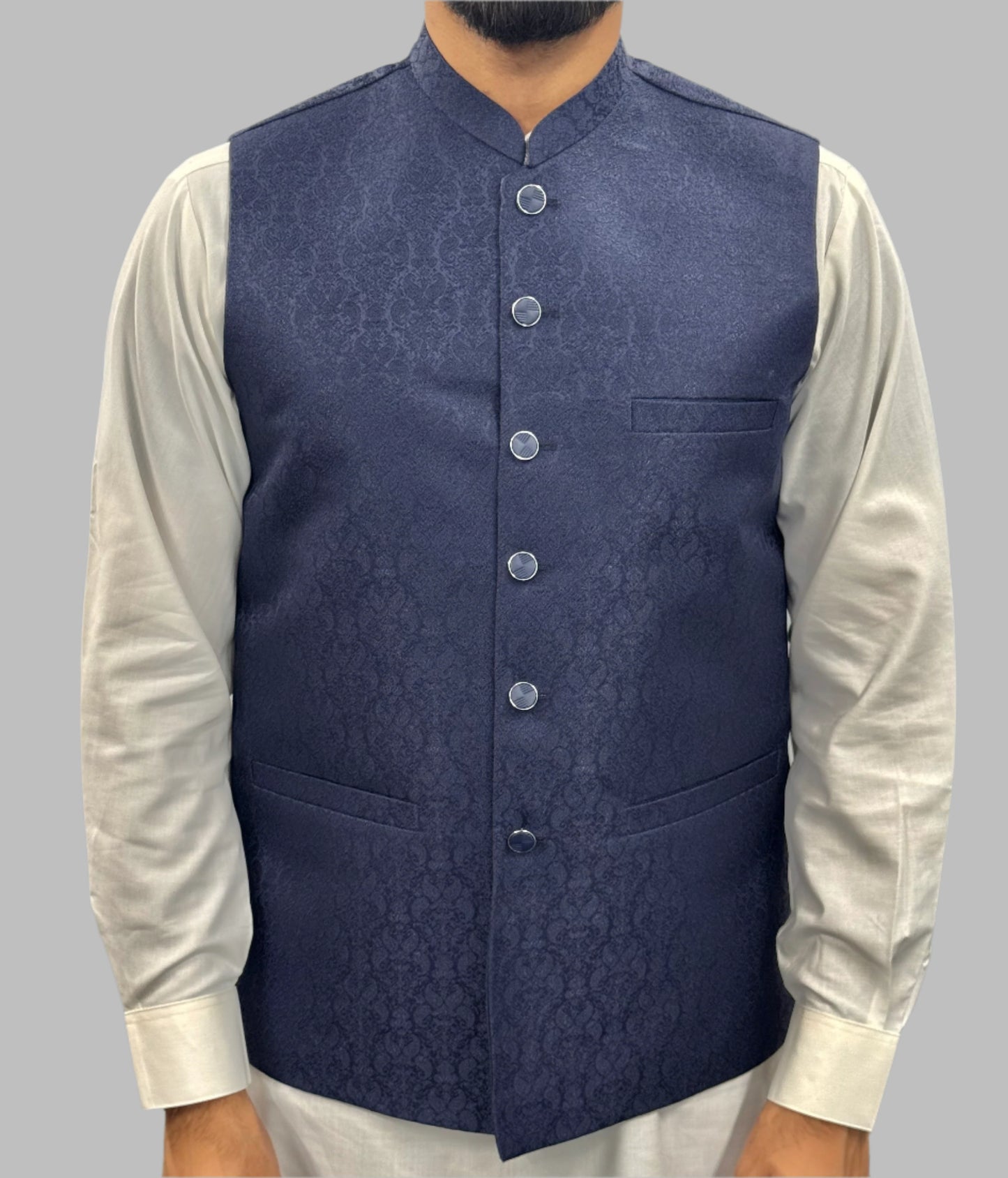 Men's Navy Paisley Design Jamawar Waistcoat Front View
