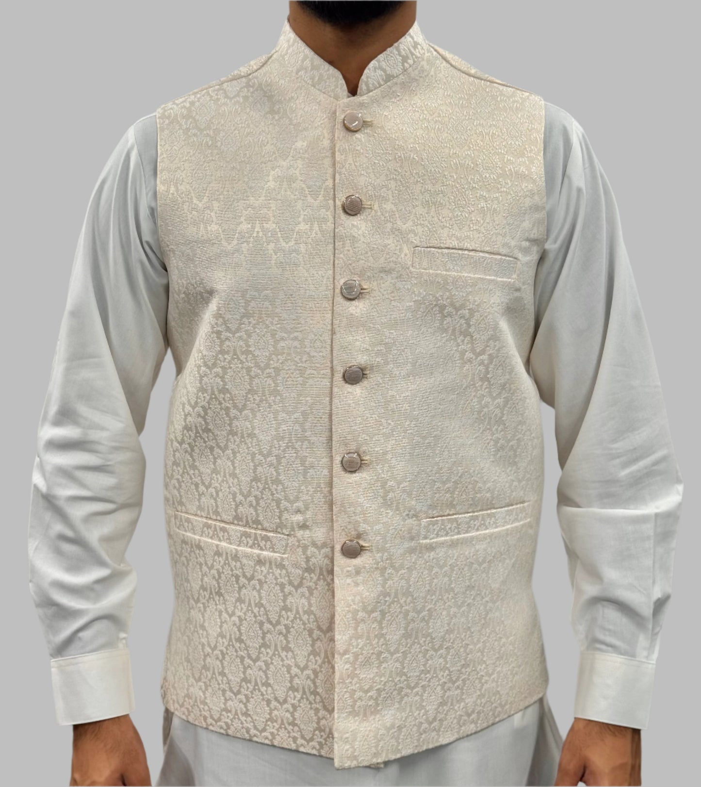 Men's Off White Diamond Design Jamawar Waistcoat Front View