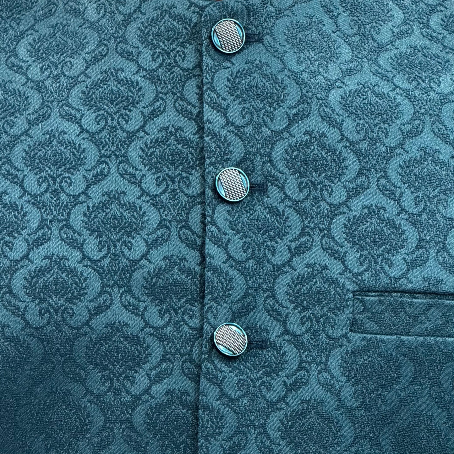 Men's Petrol Blue Royal Design Jamawar Waistcoat Close Up