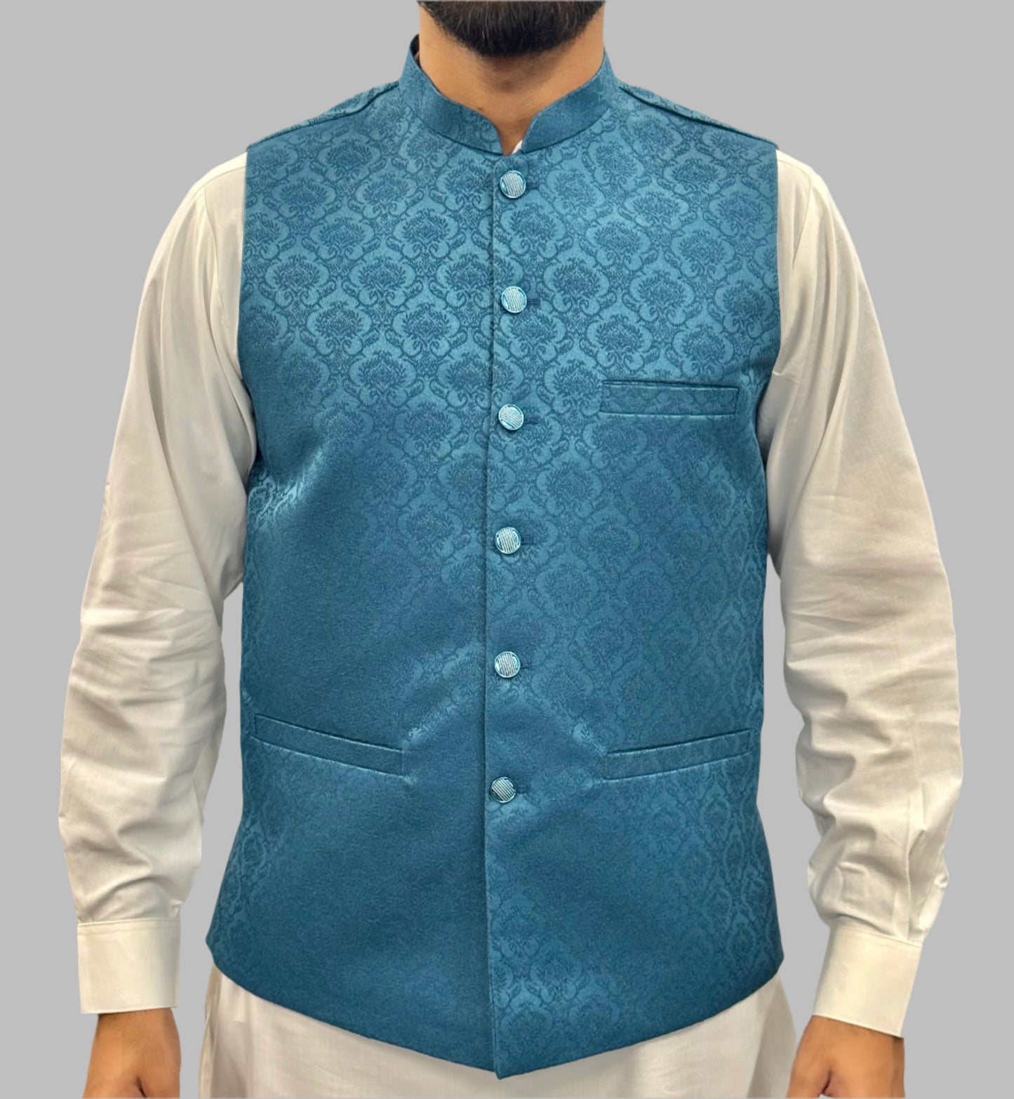 Men's Petrol Blue Royal Design Jamawar Waistcoat Front View