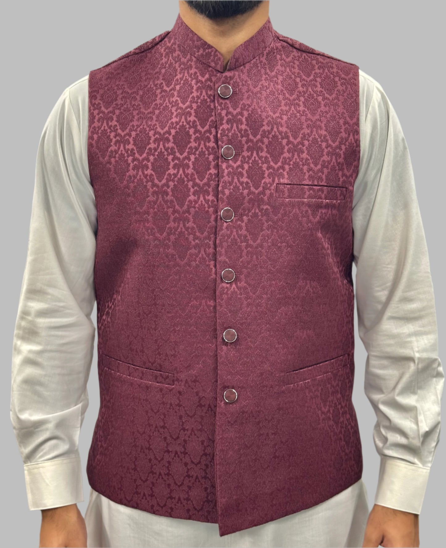 Men's Plum Diamond Design Jamawar Waistcoat Front View