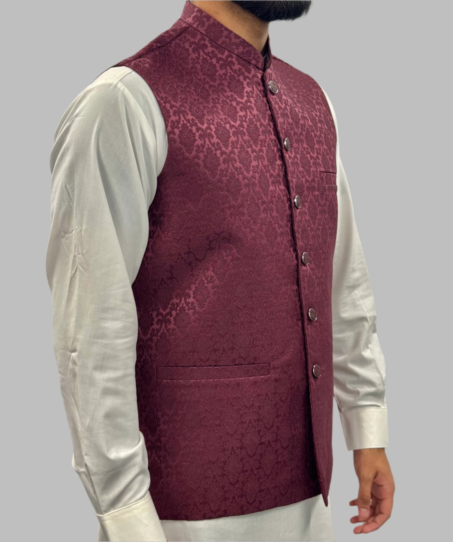 Men's Plum Diamond Design Jamawar Waistcoat Side View
