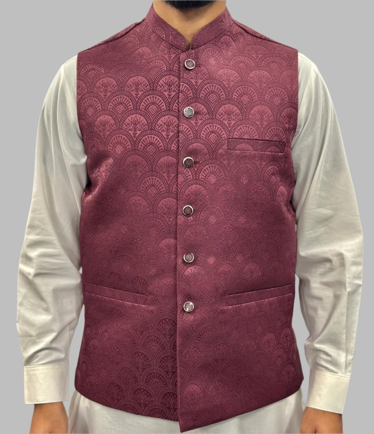 Men's Plum Fan Design Jamawar Waistcoat Front View