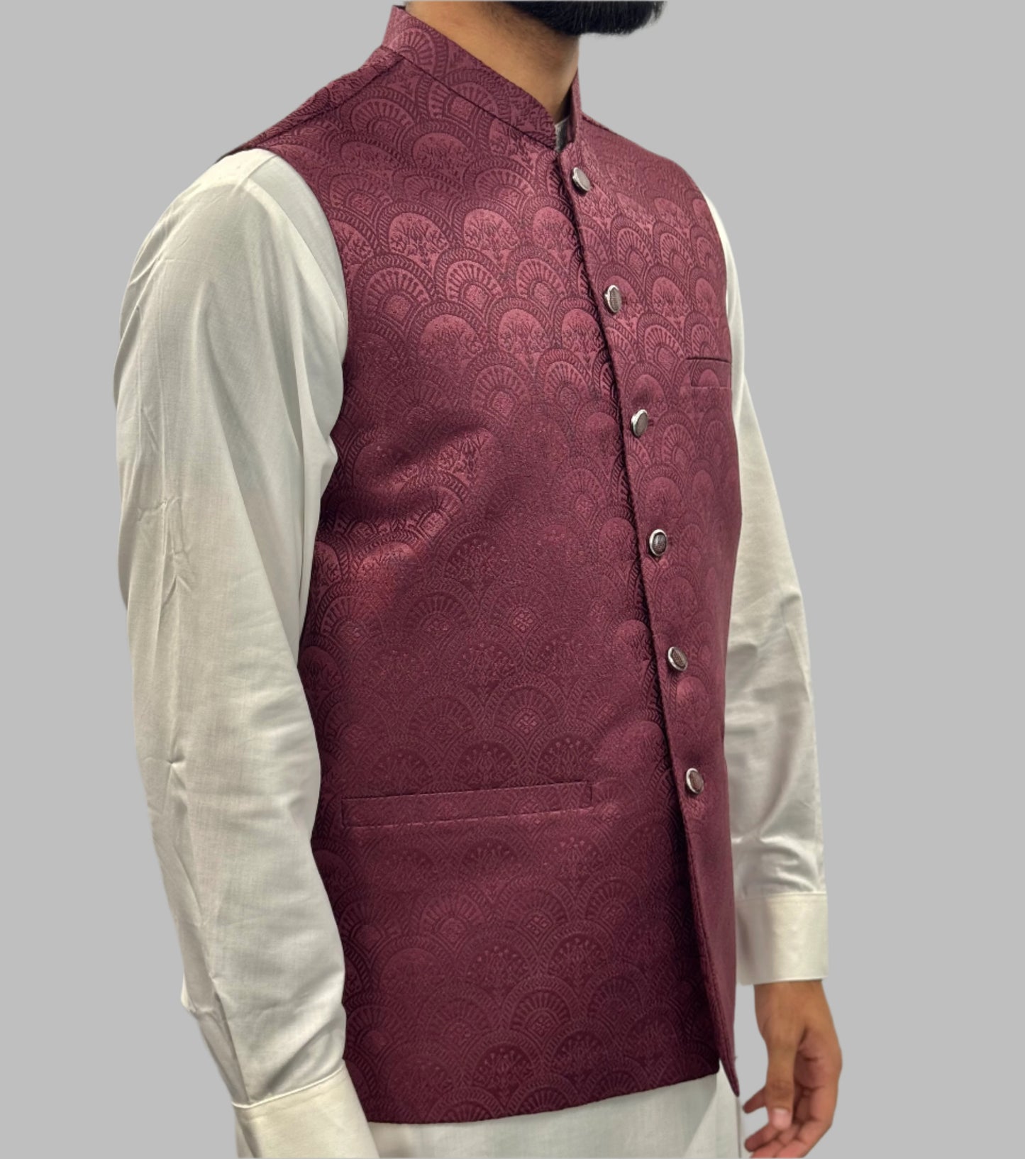 Men's Plum Fan Design Jamawar Waistcoat Side View